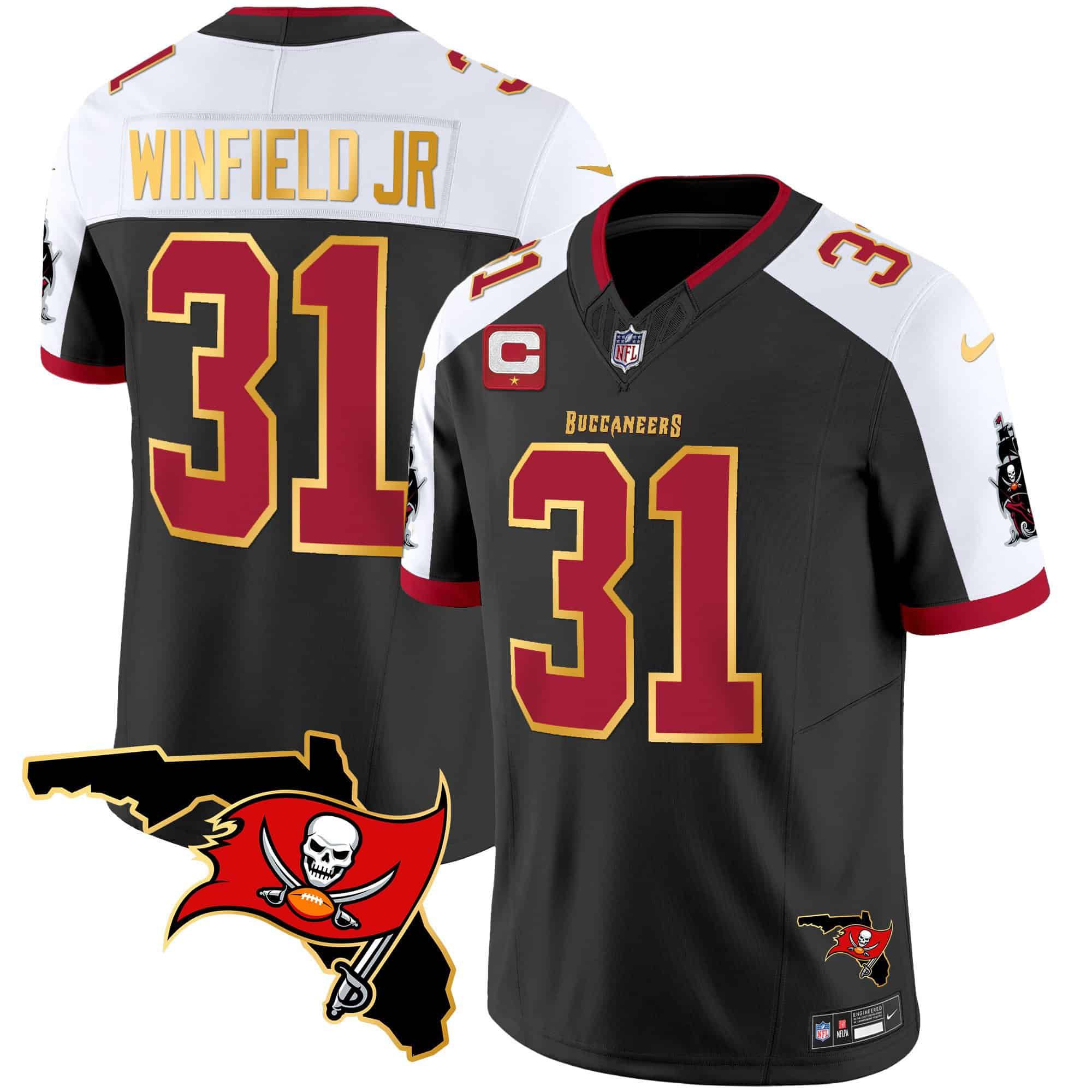 Men Tampa Bay Buccaneers 31 Winfield jr Black 2024 Nike Florida Patch Gold Trim Vapor NFL Jersey